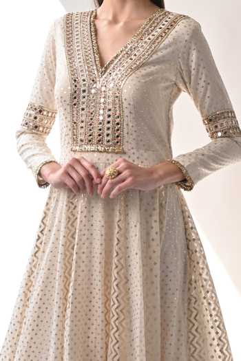 Neha Khullar_White Chanderi Silk, Organza Sequins, Pearls, Cut Ivory Embroidered Anarkali Set For Kids_Online_at_Aza_Fashions