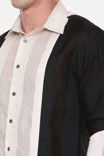 Mayank Modi - Men_Beige Linen Striped Shirt For Kids_Online_at_Aza_Fashions