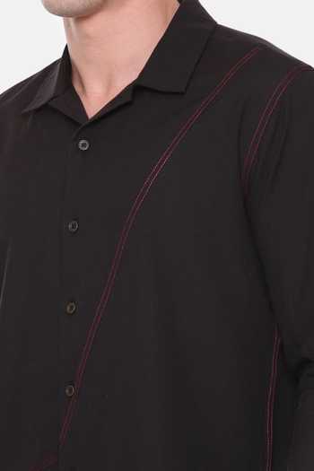 Mayank Modi - Men_Black Cotton Embroidery Malai Panelled Shirt For Kids_Online_at_Aza_Fashions