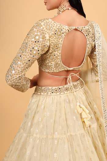Neha Khullar Ivory Banarasi Organza Tiered Lehenga Set For Kids