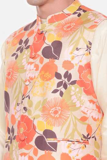 Mayank Modi - Men_Orange Muslin Flower Print Bundi For Kids_Online_at_Aza_Fashions