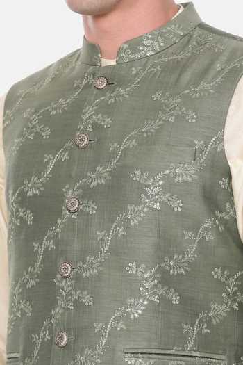 Mayank Modi - Men Green Chanderi Embroidery Floral Vine Bundi For Kids Online at Aza Fashions Mayank Modi - Men_Green Chanderi Embroidery Floral Vine Bundi For Kids_Online_at_Aza_Fashions