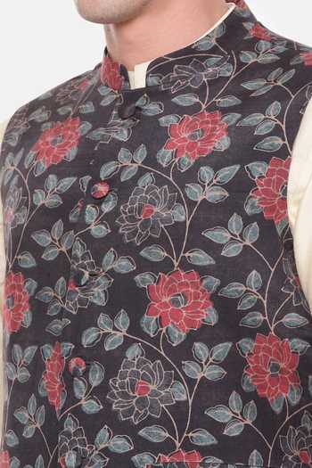 Mayank Modi - Men_Black Muslin Florette Print And Red Bundi For Kids_Online_at_Aza_Fashions