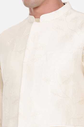 Mayank Modi - Men_Cream Chanderi Embroidery Leaf Vine Bundi For Kids_Online_at_Aza_Fashions