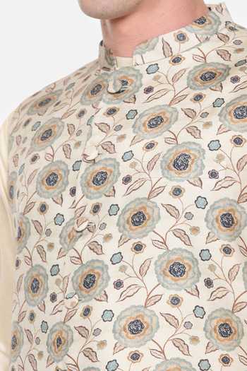 Mayank Modi - Men Green Cotton Calico Floral Print Bundi For Kids Online at Aza Fashions Mayank Modi - Men_Green Cotton Calico Floral Print Bundi For Kids_Online_at_Aza_Fashions