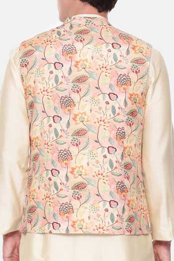 Mayank Modi - Men Peach Jacobean Print Bundi For Kids
