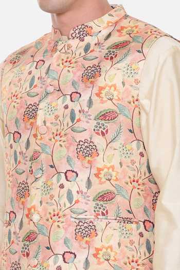 Mayank Modi - Men_Peach Muslin Jacobean Print Bundi For Kids_Online_at_Aza_Fashions