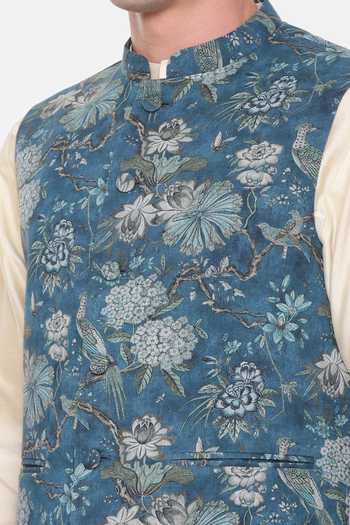 Mayank Modi - Men Blue Cotton Botanical Print Bundi For Kids Online at Aza Fashions Mayank Modi - Men_Blue Cotton Botanical Print Bundi For Kids_Online_at_Aza_Fashions