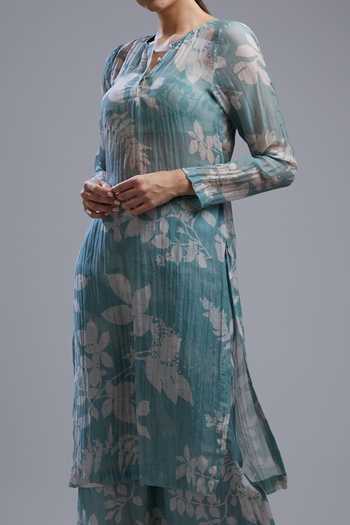 Koai_Blue Cotton, Chanderi Silk Printed Kurta For Kids_Online_at_Aza_Fashions