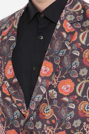 Mayank Modi - Men Black Muslin Embroidery Floral Print One-buttoned Blazer For Kids Online at Aza Fashions Mayank Modi - Men_Black Muslin Embroidery Floral Print One-buttoned Blazer For Kids_Online_at_Aza_Fashions