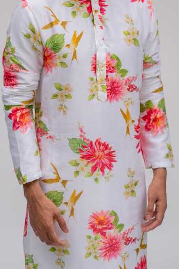 Chrkha White Chanderi Silk, Cotton Satin Embroidery Floral Motif Kurta Set For Kids Online at Aza Fashions Chrkha_White Chanderi Silk, Cotton Satin Embroidery Floral Motif Kurta Set For Kids_Online_at_Aza_Fashions