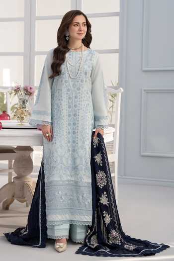RINESSA_Sky Blue Cotton, Organza Round Neck Celestal Embroidered Kurta Set _Online_at_Aza_Fashions