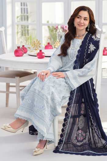 Buy_RINESSA_Sky Blue Cotton, Organza Round Neck Celestal Embroidered Kurta Set _Online_at_Aza_Fashions