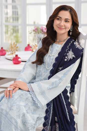 Shop_RINESSA_Sky Blue Cotton, Organza Round Neck Celestal Embroidered Kurta Set _Online_at_Aza_Fashions