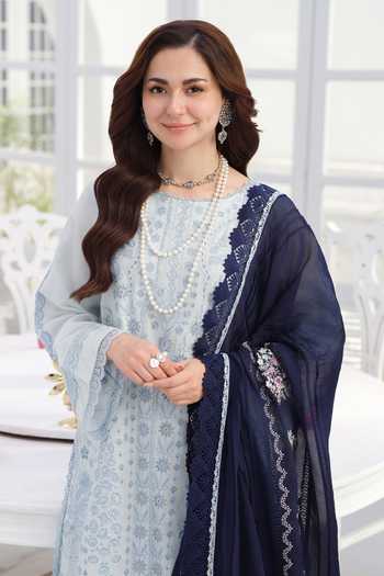RINESSA_Sky Blue Cotton, Organza Round Neck Celestal Embroidered Kurta Set _at_Aza_Fashions