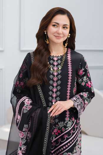 Shop_RINESSA_Black Cotton, Organza Round Neck Tribal Embroidered Kurta Set _Online_at_Aza_Fashions