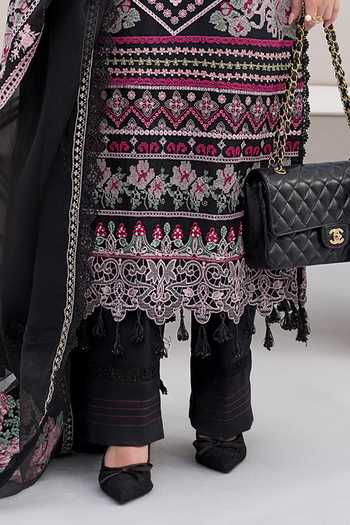 Shop_RINESSA_Black Cotton, Organza Round Neck Tribal Embroidered Kurta Set 