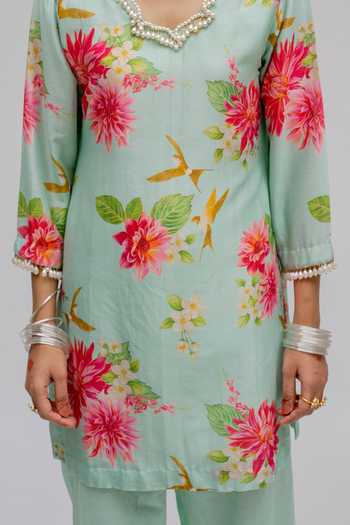 Chrkha Green Chanderi Silk, Cotton, Linen Pearls Floral Printed Tunic And Pant Set For Kids Online at Aza Fashions Chrkha_Green Chanderi Silk, Cotton, Linen Pearls Floral Printed Tunic And Pant Set For Kids_Online_at_Aza_Fashions