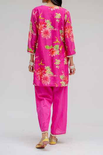 Chrkha Floral Printed Chanderi Tunic & Pant Set For Kids