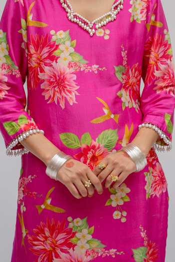 Chrkha_Pink Silk, Cotton, Linen, Floral Printed Tunic And Pant Set For Kids_Online_at_Aza_Fashions