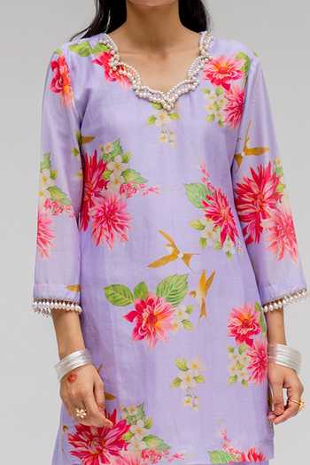 Chrkha Purple Silk, Cotton, Linen, Floral Printed Tunic And Pant Set For Kids Online at Aza Fashions Chrkha_Purple Silk, Cotton, Linen, Floral Printed Tunic And Pant Set For Kids_Online_at_Aza_Fashions