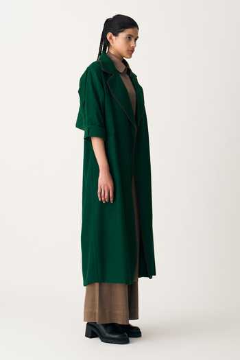 Shop_Three_Emerald Green Wool, Cotton, Satin, Lycra Quilted Notched Jacket Trouser Set _Online_at_Aza_Fashions