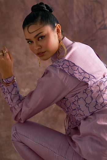 Shop Sakshi Khetterpal Purple Chanderi Embroidery Collared, V-neck Floral Waistcoat With Pant Set at Aza Fashions Shop_Sakshi Khetterpal_Purple Chanderi Embroidery Collared, V-neck Floral Waistcoat With Pant Set _at_Aza_Fashions