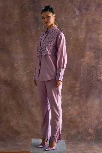 Buy Sakshi Khetterpal Purple Chanderi Embroidery Collared, V-neck Floral Waistcoat With Pant Set Online at Aza Fashions Buy_Sakshi Khetterpal_Purple Chanderi Embroidery Collared, V-neck Floral Waistcoat With Pant Set _Online_at_Aza_Fashions