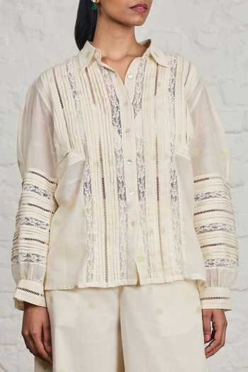 Sue Mue Off White Cotton Collared Neck Georgia Organic Shirt And Pant Set Online at Aza Fashions Sue Mue_Off White Cotton Collared Neck Georgia Organic Shirt And Pant Set _Online_at_Aza_Fashions