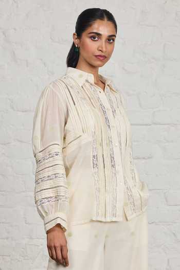 Shop Sue Mue Off White Cotton Collared Neck Georgia Organic Shirt And Pant Set Online at Aza Fashions Shop_Sue Mue_Off White Cotton Collared Neck Georgia Organic Shirt And Pant Set _Online_at_Aza_Fashions