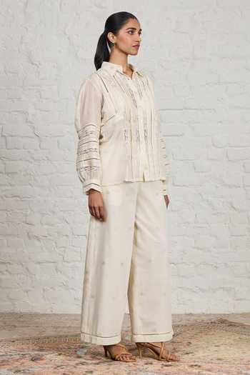 Sue Mue Off White Cotton Collared Neck Georgia Organic Shirt And Pant Set at Aza Fashions Sue Mue_Off White Cotton Collared Neck Georgia Organic Shirt And Pant Set _at_Aza_Fashions