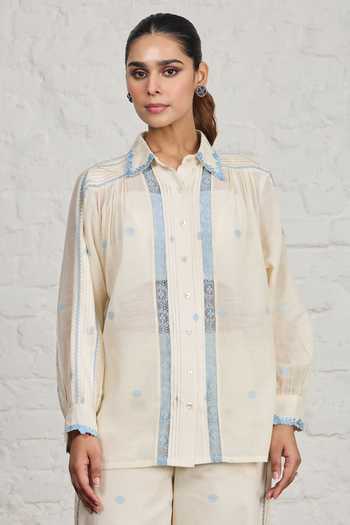 Sue Mue_Off White Cotton Collared Neck Florence Polka Dot Embroidered Shirt And Pant Set _Online_at_Aza_Fashions
