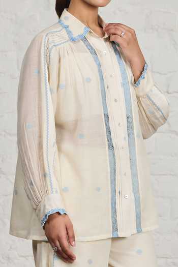 Buy_Sue Mue_Off White Cotton Collared Neck Florence Polka Dot Embroidered Shirt And Pant Set _Online_at_Aza_Fashions