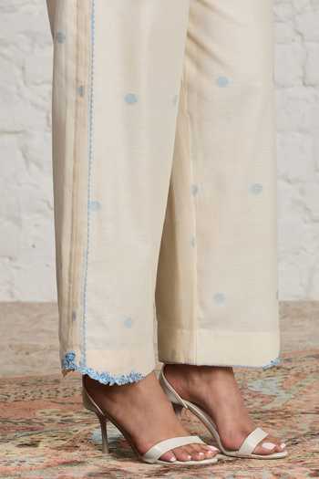Shop_Sue Mue_Off White Cotton Collared Neck Florence Polka Dot Embroidered Shirt And Pant Set _Online_at_Aza_Fashions