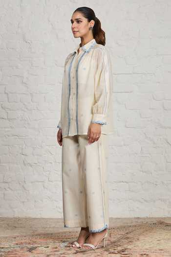 Sue Mue_Off White Cotton Collared Neck Florence Polka Dot Embroidered Shirt And Pant Set _at_Aza_Fashions