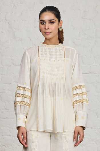 Sue Mue_Off White Cotton Round Neck Louisa Organic Top And Pant Set _Online_at_Aza_Fashions
