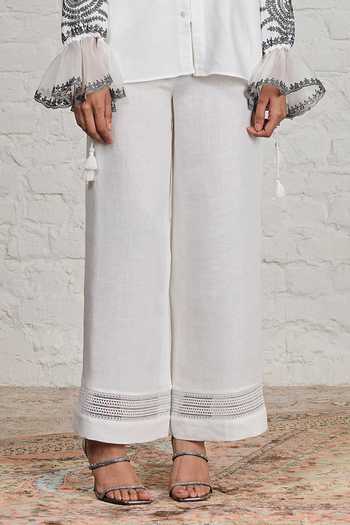 Sue Mue White Linen, Silk Organza Round Neck Kitty Embroidered Shirt And Pant Set Online at Aza Fashions Sue Mue_White Linen, Silk Organza Round Neck Kitty Embroidered Shirt And Pant Set _Online_at_Aza_Fashions