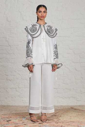 Buy_Sue Mue_White Linen, Silk Organza Round Neck Kitty Embroidered Shirt And Pant Set _Online_at_Aza_Fashions