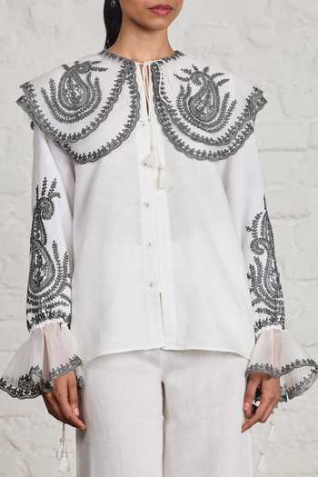 Shop Sue Mue White Linen, Silk Organza Round Neck Kitty Embroidered Shirt And Pant Set Online at Aza Fashions Shop_Sue Mue_White Linen, Silk Organza Round Neck Kitty Embroidered Shirt And Pant Set _Online_at_Aza_Fashions