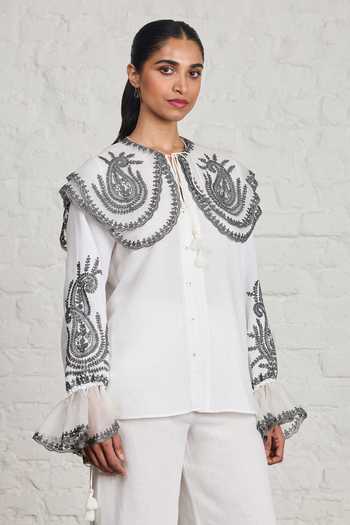 Sue Mue White Linen, Silk Organza Round Neck Kitty Embroidered Shirt And Pant Set at Aza Fashions Sue Mue_White Linen, Silk Organza Round Neck Kitty Embroidered Shirt And Pant Set _at_Aza_Fashions