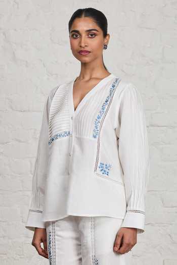 Sue Mue_White Linen V-neck Halo Embroidered Top And Pant Set _Online_at_Aza_Fashions