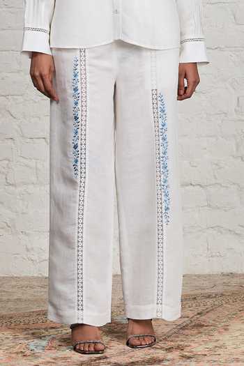 Buy_Sue Mue_White Linen V-neck Halo Embroidered Top And Pant Set _Online_at_Aza_Fashions