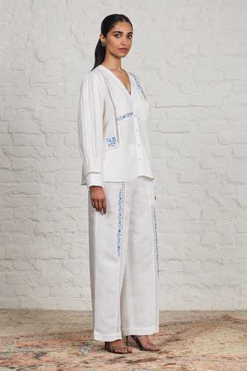 Shop_Sue Mue_White Linen V-neck Halo Embroidered Top And Pant Set _Online_at_Aza_Fashions