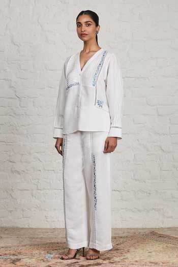 Sue Mue_White Linen V-neck Halo Embroidered Top And Pant Set _at_Aza_Fashions