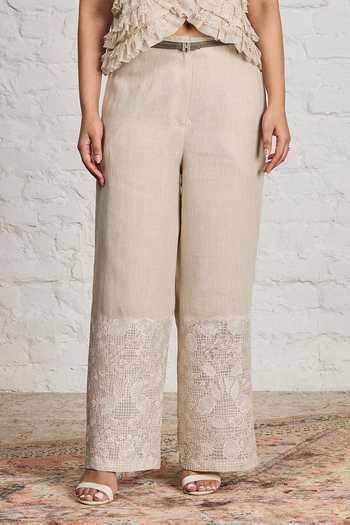 Sue Mue_Beige Linen, Silk Organza Collared Neck Lilibet Ruffle Layered Shirt And Pant Set _Online_at_Aza_Fashions