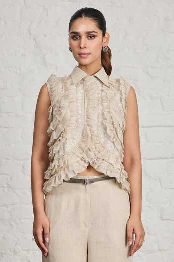 Buy_Sue Mue_Beige Linen, Silk Organza Collared Neck Lilibet Ruffle Layered Shirt And Pant Set _Online_at_Aza_Fashions