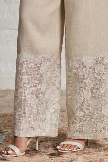 Shop_Sue Mue_Beige Linen, Silk Organza Collared Neck Lilibet Ruffle Layered Shirt And Pant Set _Online_at_Aza_Fashions