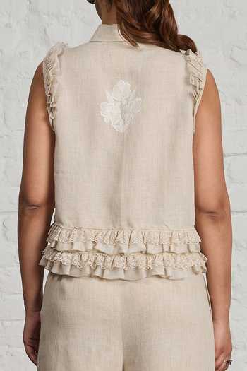 Sue Mue_Beige Linen, Silk Organza Collared Neck Lilibet Ruffle Layered Shirt And Pant Set _at_Aza_Fashions