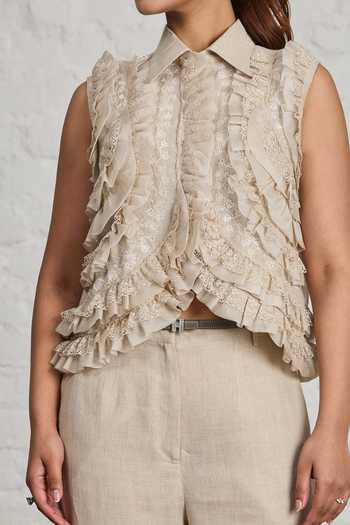 Buy_Sue Mue_Beige Linen, Silk Organza Collared Neck Lilibet Ruffle Layered Shirt And Pant Set 