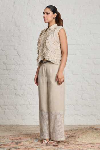 Shop_Sue Mue_Beige Linen, Silk Organza Collared Neck Lilibet Ruffle Layered Shirt And Pant Set 